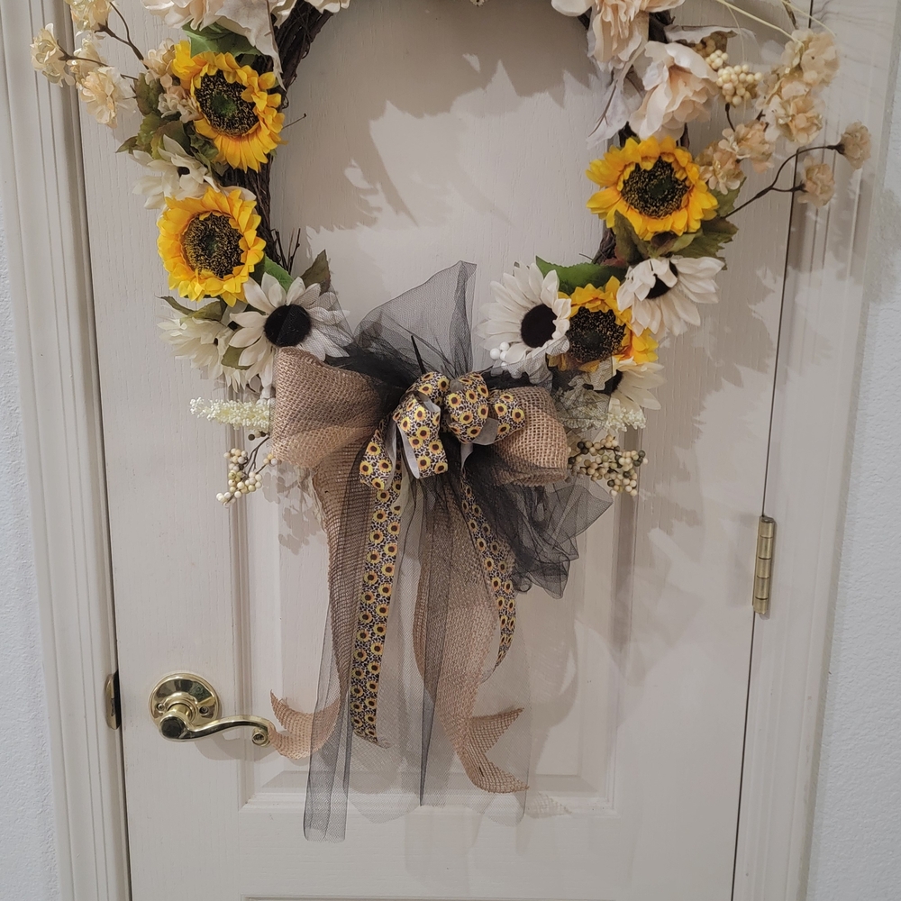 Sunflower and Daisy Floral Wreath with Bow